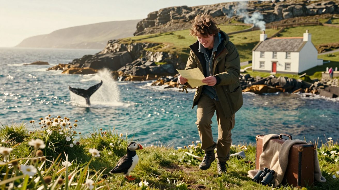 Man leest brief bij zee; papegaaiduiker, walvisstaart, huisje en bagage op achtergrond.