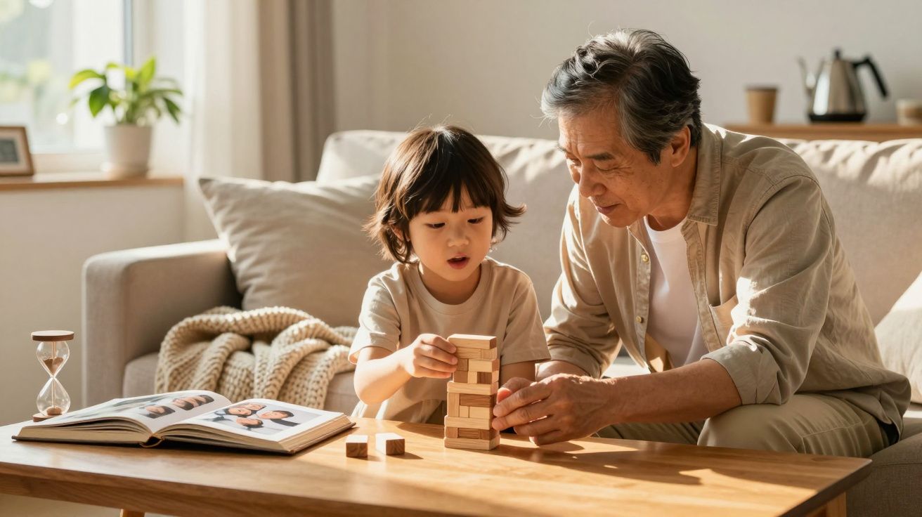 Grootouder en kind bouwen houten toren samen in de woonkamer, omringd door boeken en huiselijke sfeer.