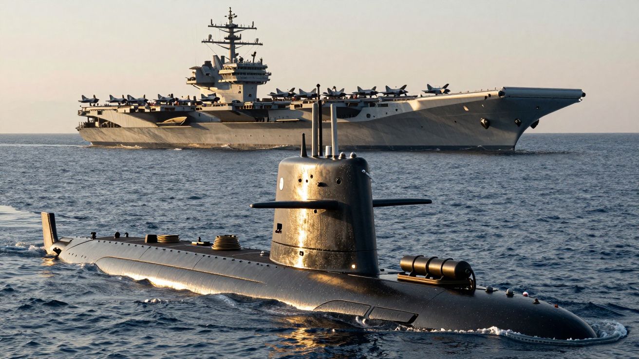 Onderzeeër en vliegdekschip varen op kalme zee bij zonsondergang.