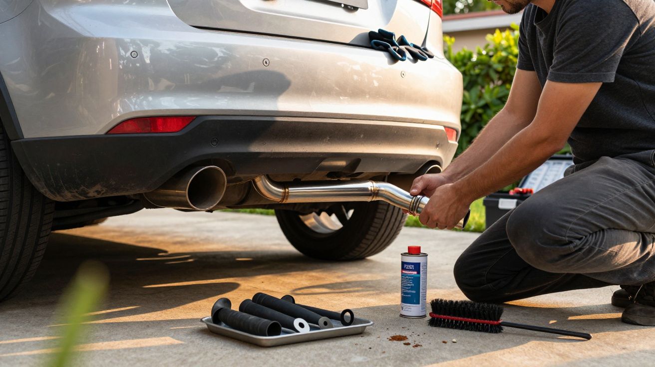 Man repareert een auto-uitlaat op een oprit met gereedschap en poetsmiddel naast hem.