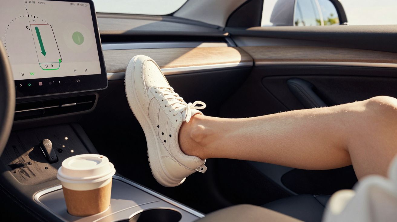 Voeten met witte sneakers op het dashboard van de auto, naast touchscreen en kartonnen koffiebeker in de houder.