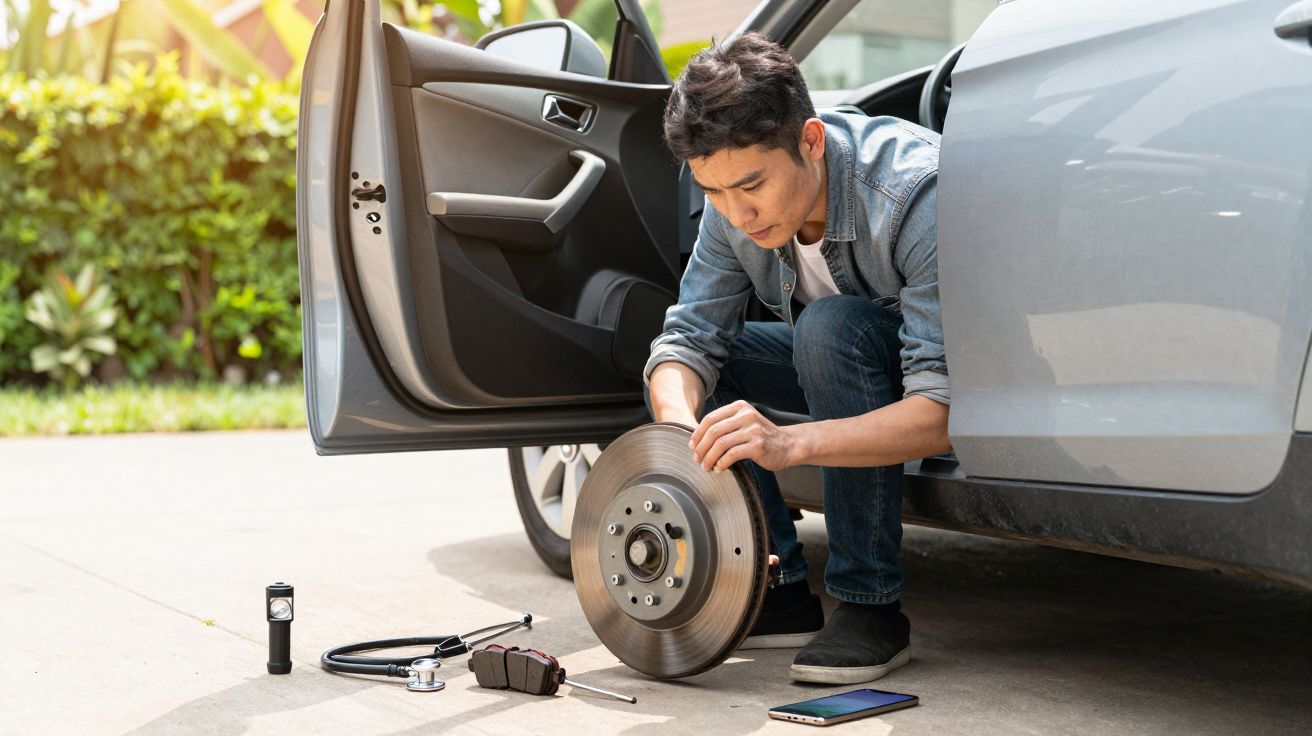 Man repareert remschijf van een auto, met gereedschap en onderdelen naast hem op de grond.