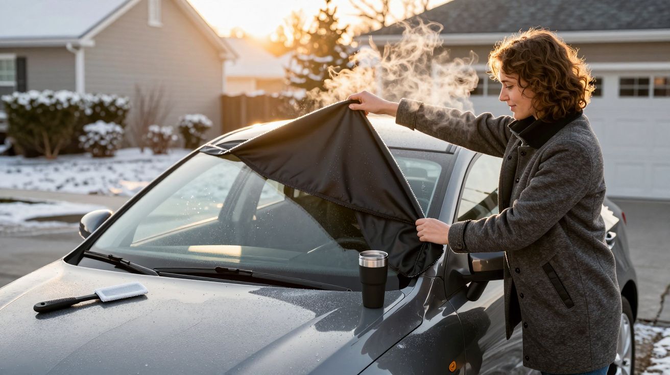 Persoon verwijdert deken van auto voorruit op winterochtend; thermos en ijsschraper op motorkap.