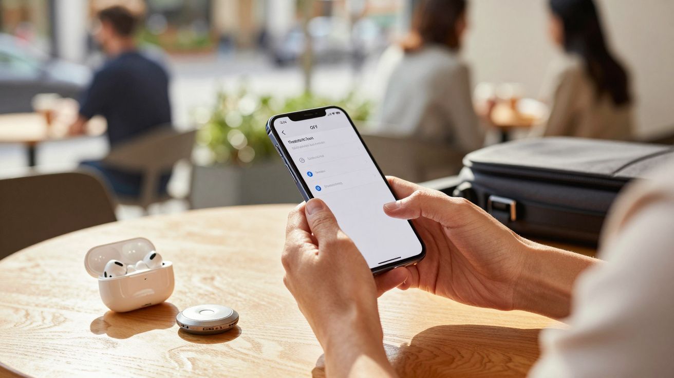 Persoon houdt smartphone vast met AirPods op tafel in café, instellingen scherm zichtbaar, achtergrond wazig.