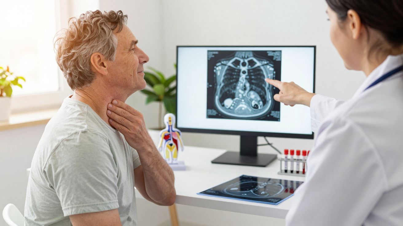 Arts toont röntgenfoto aan zittende patiënt die aan zijn keel voelt in medisch kantoor.