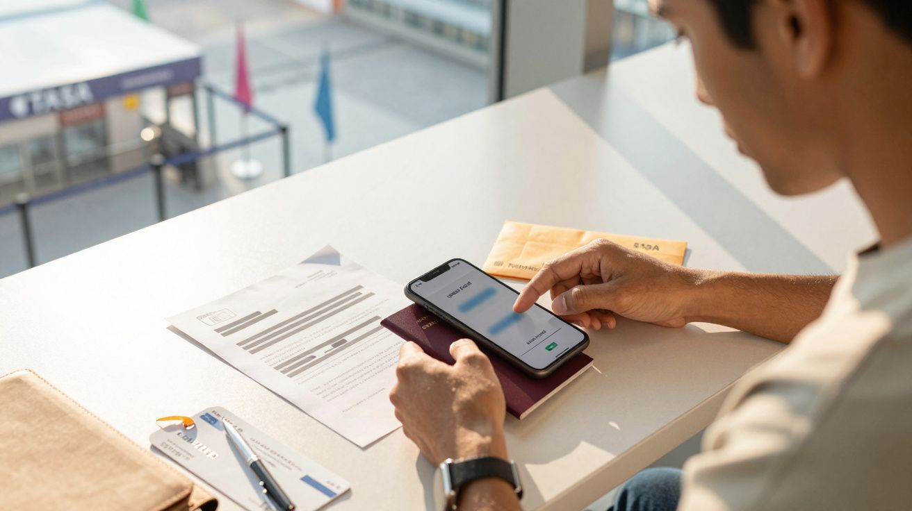 Persoon aan tafel met smartphone, paspoort, tickets en documenten in luchthavenomgeving.