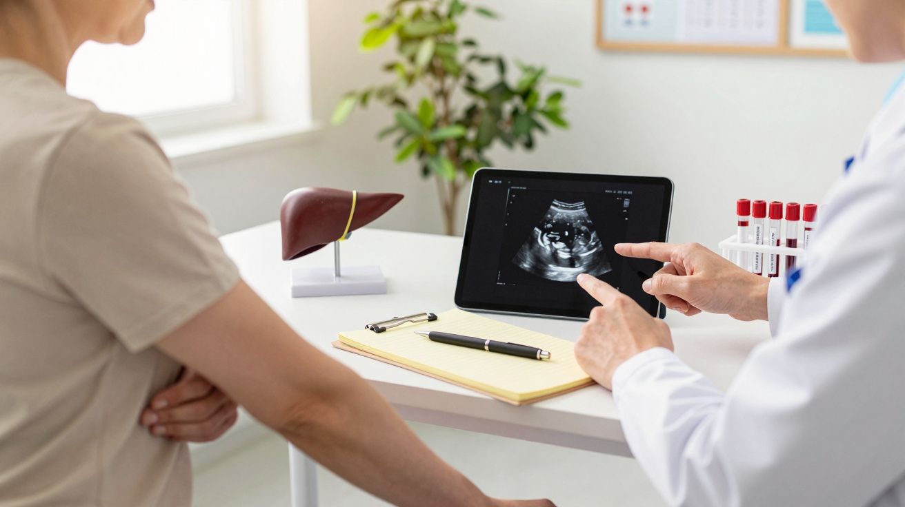 Arts en patiënt bespreken echobeelden op tablet, met model van lever en bloedmonsters op tafel.