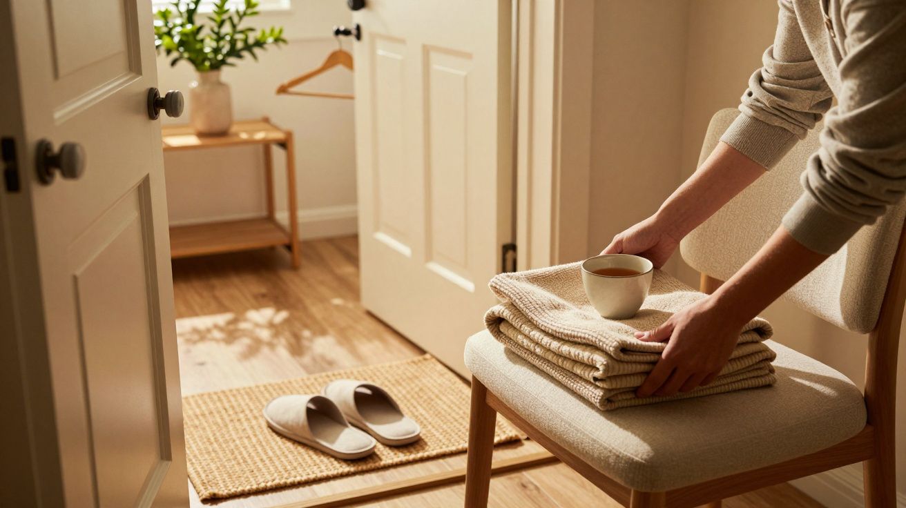 Persoon plaatst kopje op gestapelde handdoeken op stoel in lichte kamer, met slippers en plant op achtergrond.