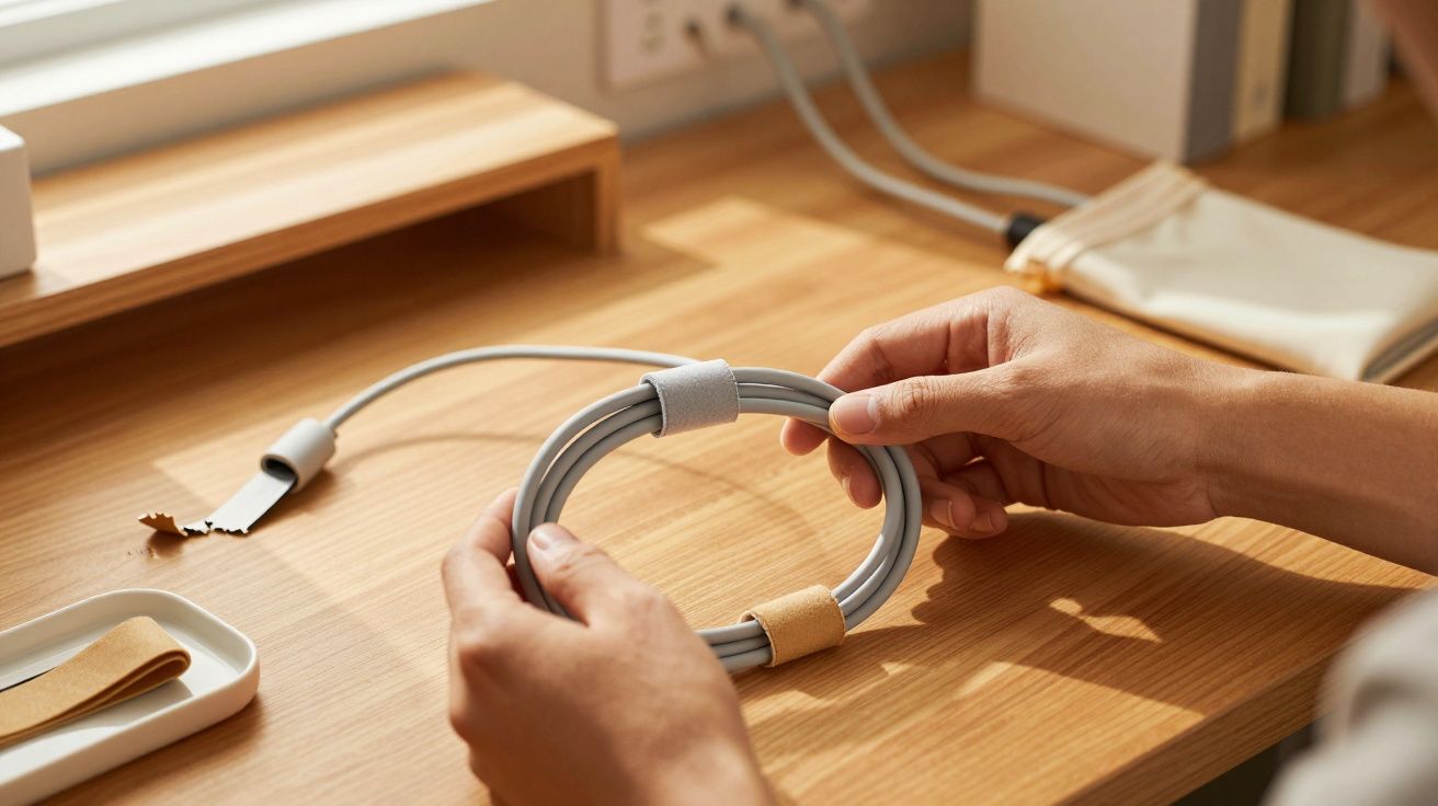 Handen houden opgerolde kabel vast op houten bureau met stopcontact, andere kabels en accessoires op de achtergrond.