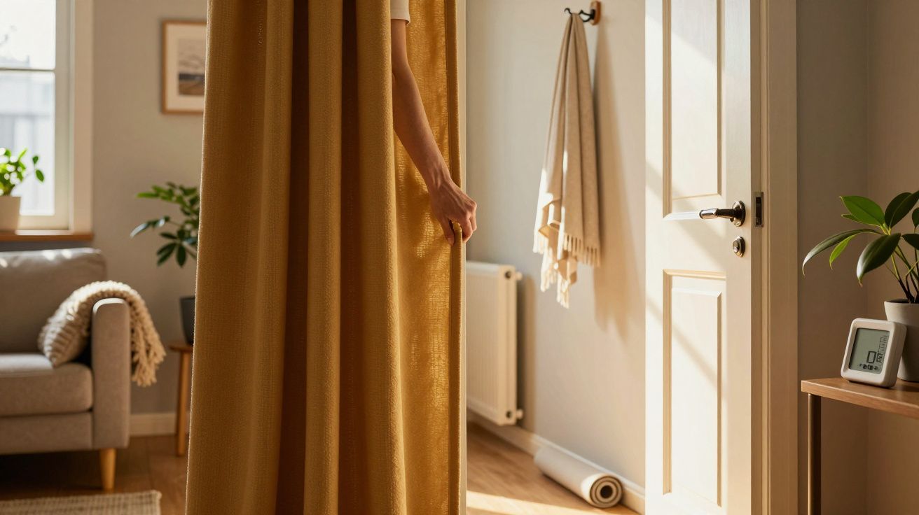 Persoon opent gele gordijnen in een lichte woonkamer met planten, een bank en een open deur.