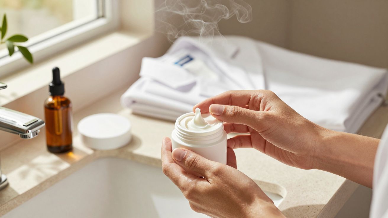 Handen houden een pot crème vast in een badkamer naast een opgevouwen handdoek en een flesje op het aanrecht.