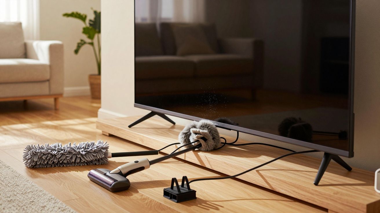 Stofdoek en schoonmaakgereedschap bij flatscreen-tv op houten vloer in gezellige woonkamer met beige bank en plant.