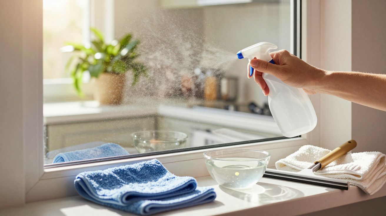 Hand reinigt raam met sprayfles; op de vensterbank liggen een kom water, doeken en een trekker.