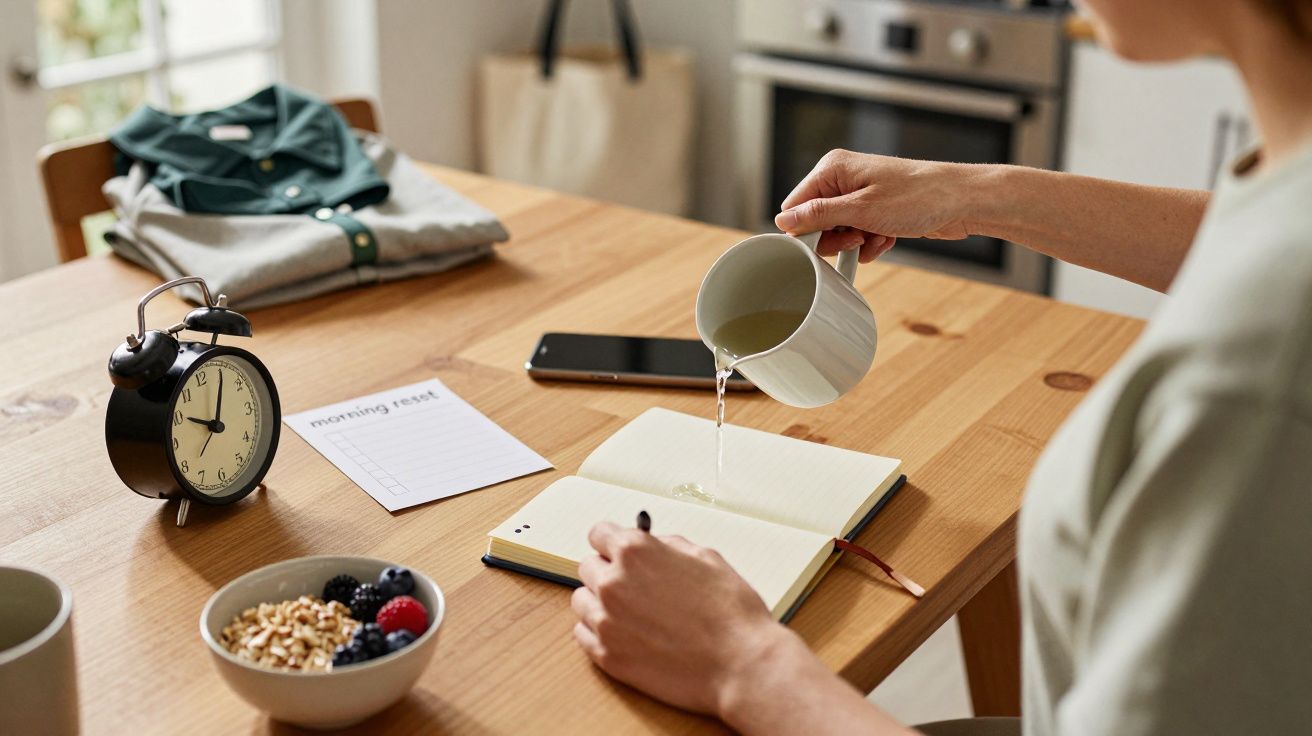 Persoon giet water op een notitieboek naast telefoon en ontbijtkom met fruit op houten tafel.