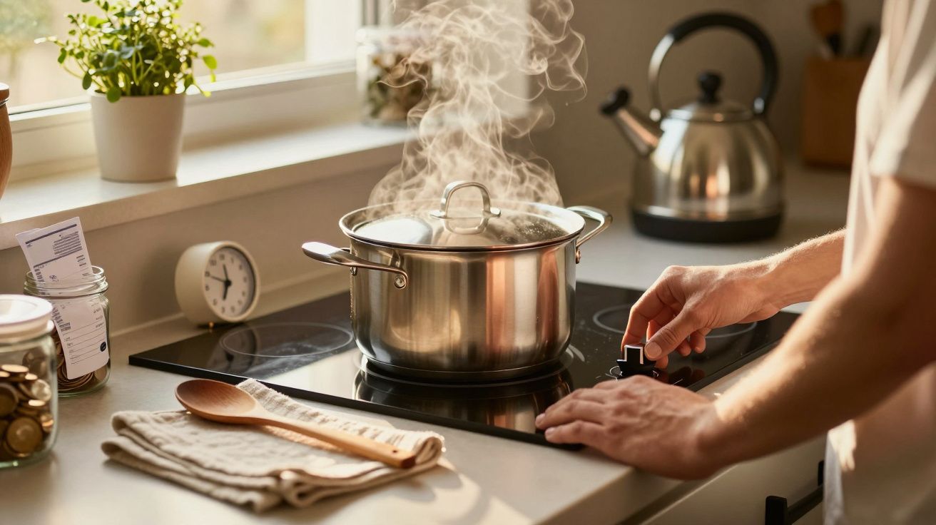 Persoon kookt op inductiekookplaat; stoom stijgt op uit pan; naast een waterkoker en planten op vensterbank.