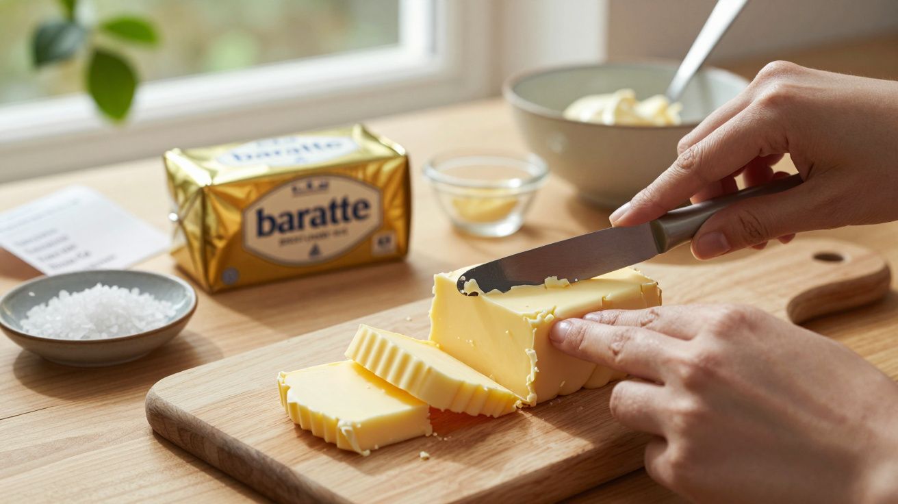 Hand die boter in plakjes snijdt op een houten plank, met een pakje boter en schaaltjes op de achtergrond.