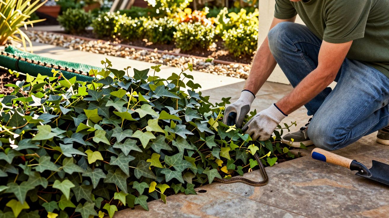 Man verzorgt tuin met klimopplant, draagt handschoenen en houdt gereedschap vast op zonnige dag.