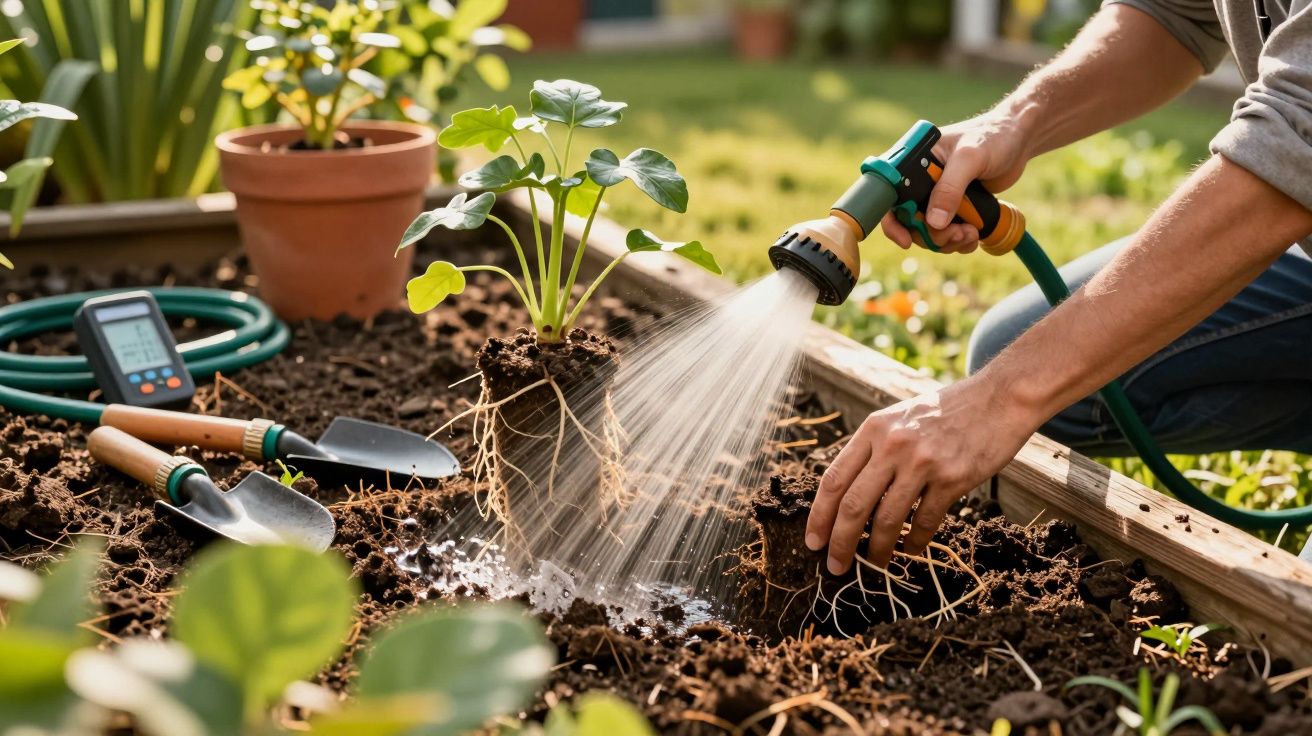Persoon geeft jonge plant water in tuinbed met tuingereedschap en potplanten op achtergrond, zonnige dag.