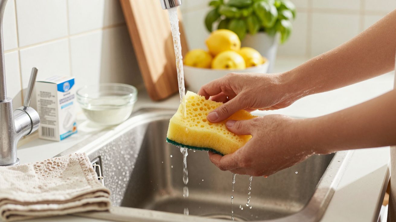 Handen wassen een spons onder stromend water in een keuken, met citroenen en kruiden op de achtergrond.