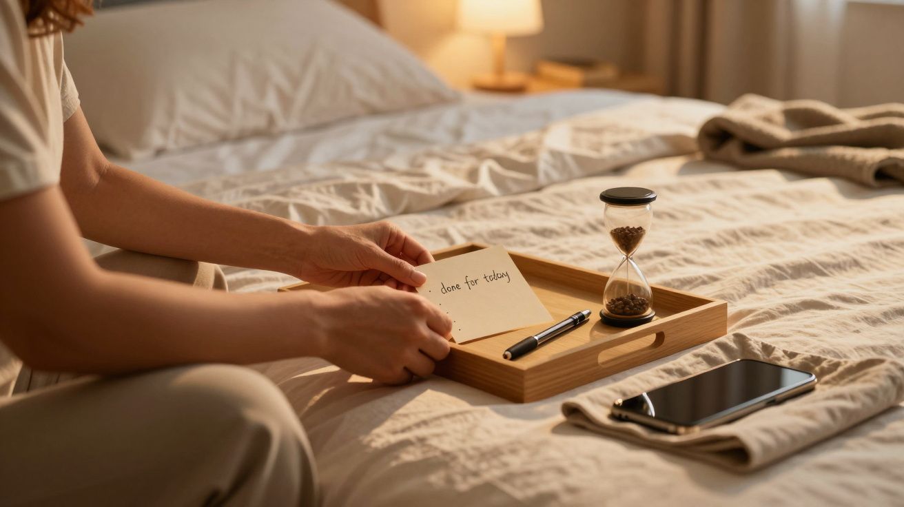 Persoon legt een briefje met de tekst "done for today" op een houten dienblad naast een zandloper en smartphone op bed.