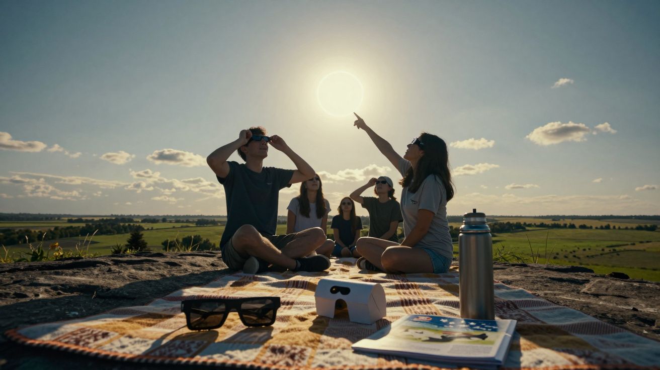 Mensen zitten op een picknickkleed in een veld en kijken naar een zonsverduistering, met VR-brillen en accessoires.