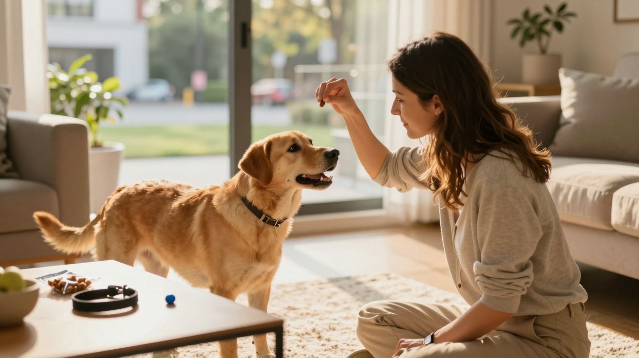 Vrouw traint bruine hond in zonnige woonkamer, hond zit aandachtig voor haar terwijl ze een commando geeft.