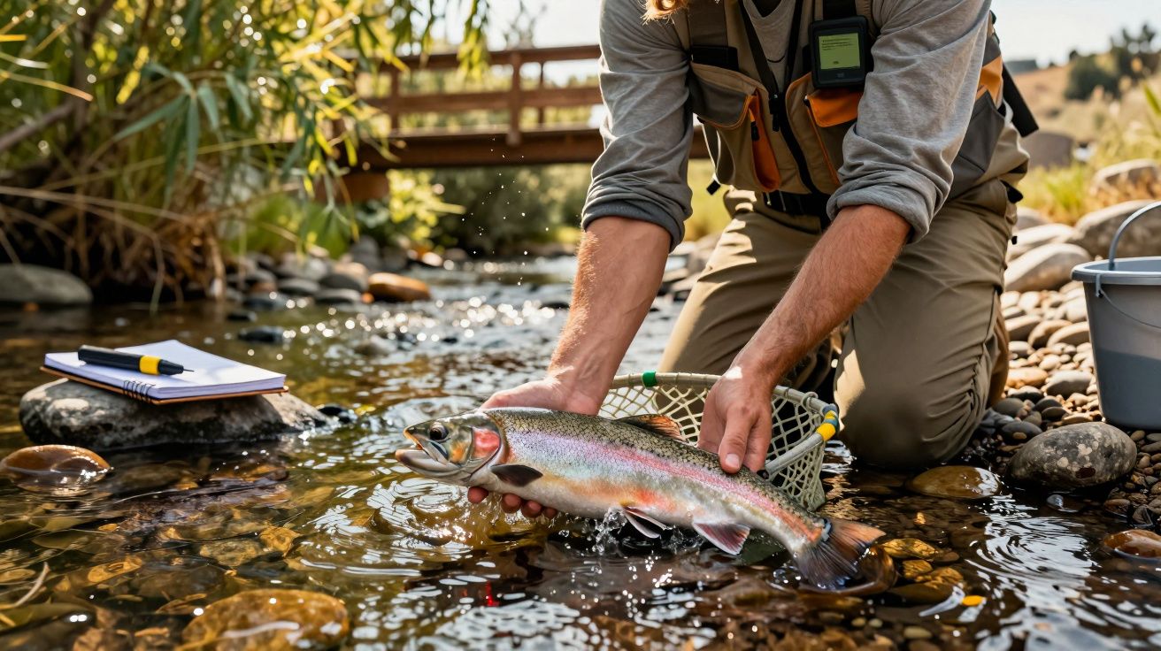 Man houdt regenboogforel vast in een beek met stenen en een houten brug op de achtergrond.