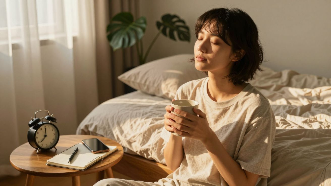 Vrouw in pyjama geniet van warme drank naast een bed met wekker, smartphone en notitieboekje op een houten tafel.