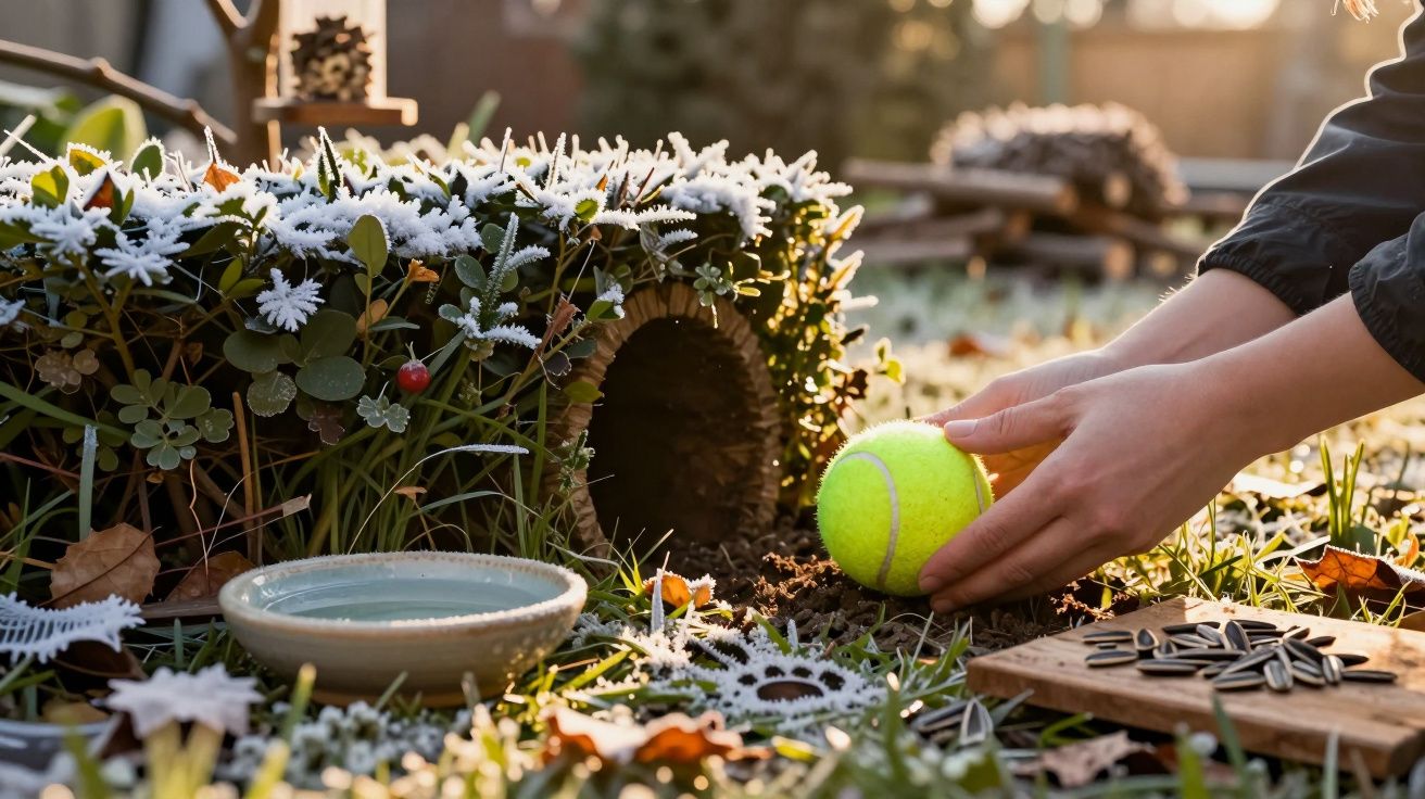 Handen plaatsen een tennisbal voor een met sneeuw bedekt miniatuurhuisje in de tuin met een schaaltje en zonnebloempitten.