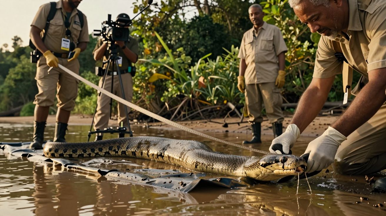 Onderzoekers meten een grote slang in een rivier, omgeven door bomen, met camera-apparatuur op de achtergrond.