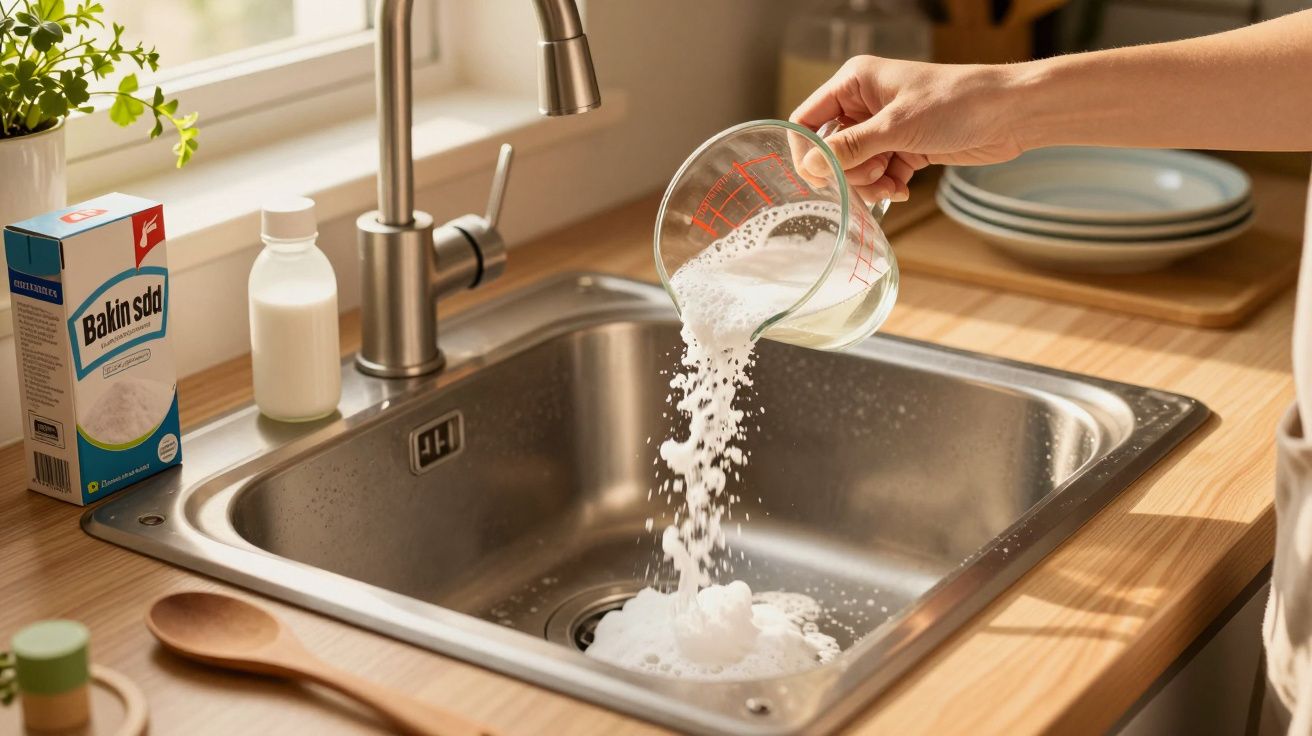 Een persoon giet een vloeistof in de gootsteen. Er staat een pak baking soda naast de spoelbak op het aanrecht.