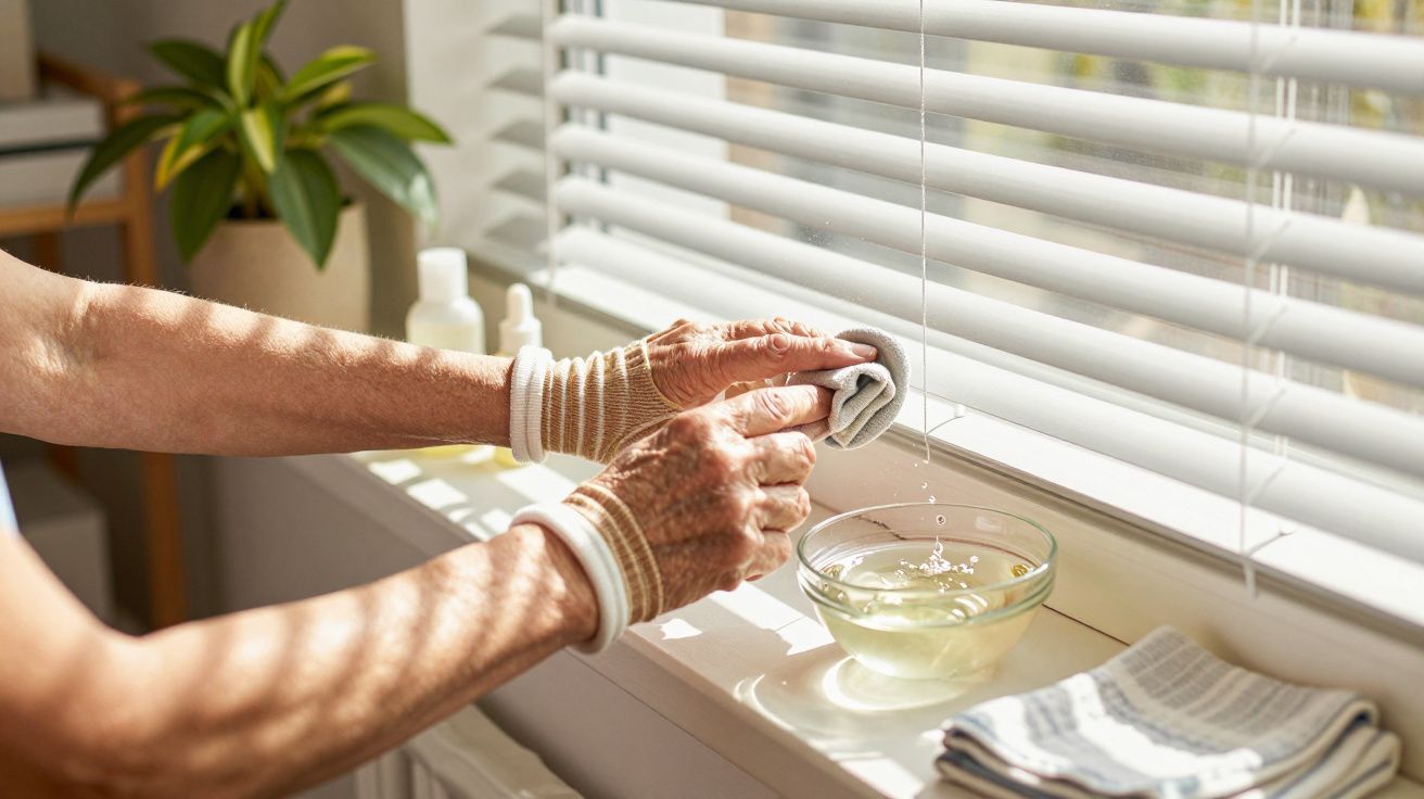 Persoon met bandages poetst jaloezieën bij zonlicht, naast bakje water en plant op achtergrond.