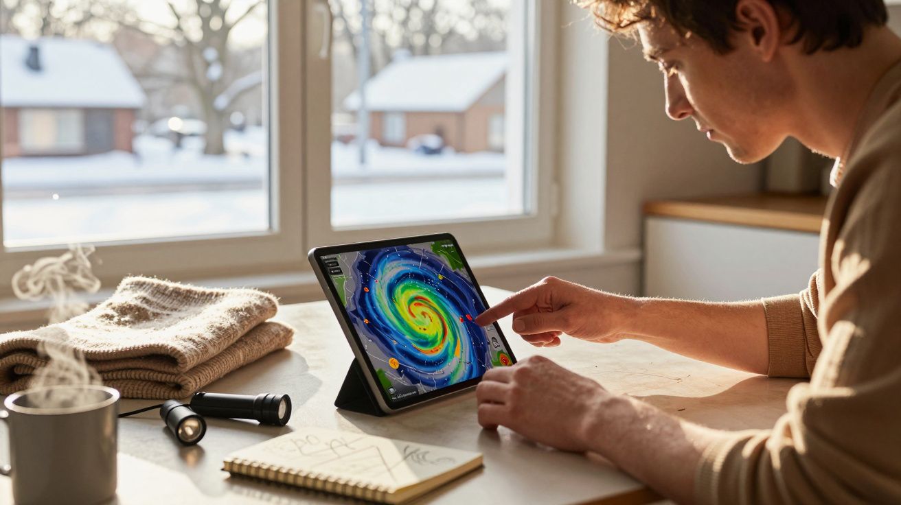 Man onderzoekt weersvoorspelling op tablet, zittend aan tafel met notitieblok, mok en zaklamp, uitzicht op besneeuwd landscha