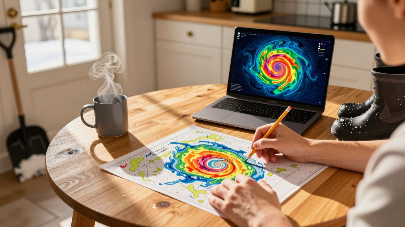 Persoon tekent weerkaart met stormpatroon aan tafel, laptop toont zelfde afbeelding. Mok en laarzen op tafel.