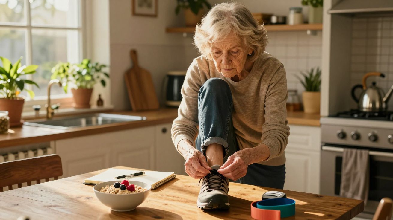 Oudere vrouw strikt schoenveters aan keukentafel met ontbijtkom, notitieblok en sportattributen naast haar.