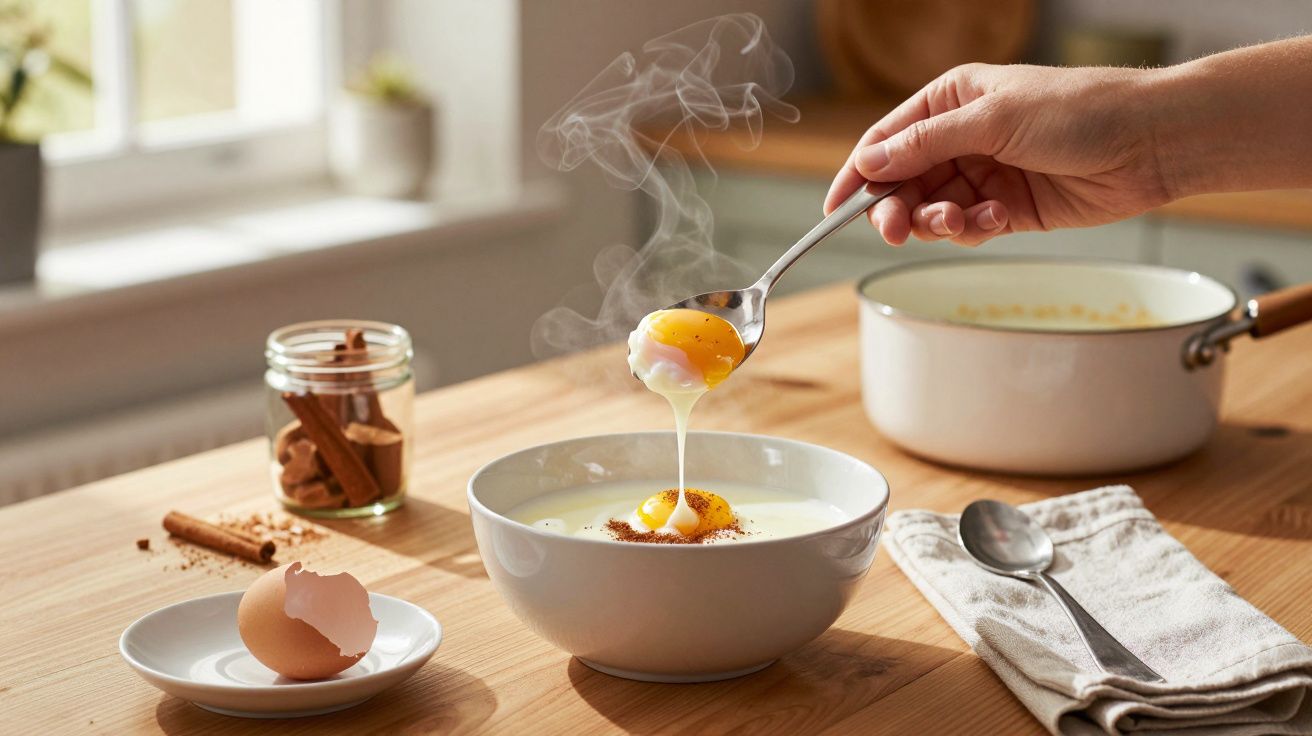Hand schept gestoomd ei uit kom met bouillon op tafel met eierschaal, lepel en pot kaneel.
