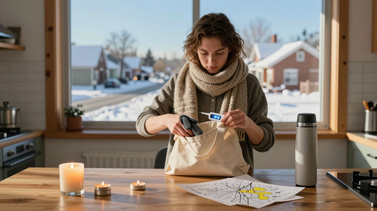 Persoon in winterkleding pakt een tas in een keuken met uitzicht op een besneeuwd landschap. Kaarsen en thermosfles op tafel.