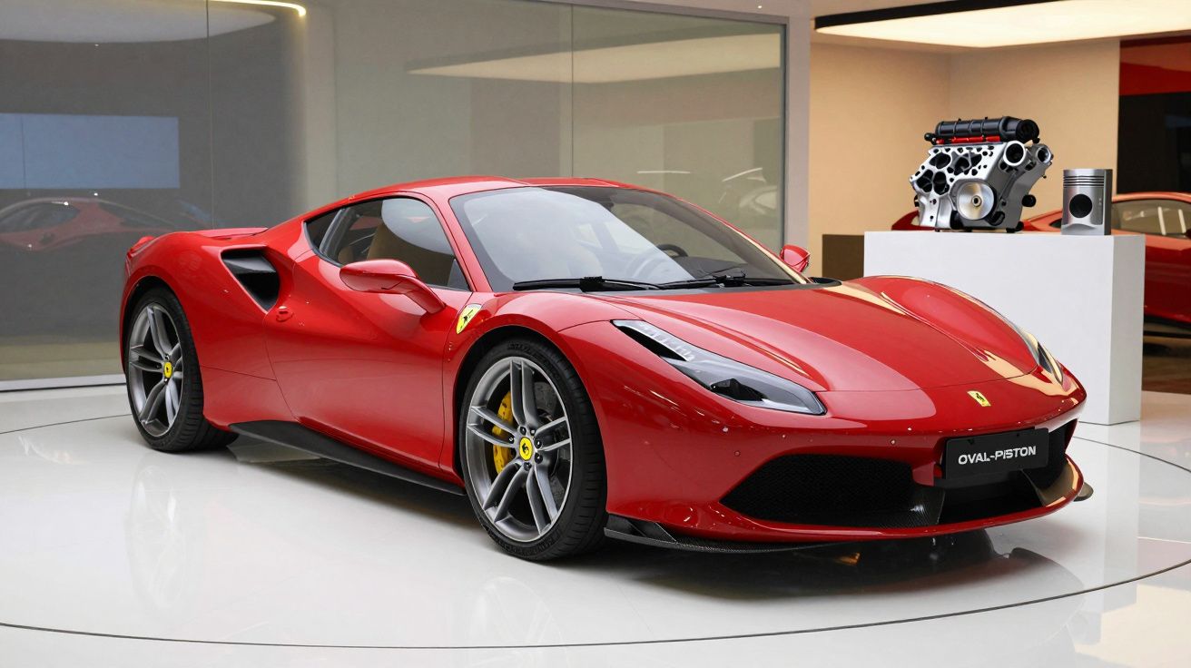 Rode sportwagen in showroom, met aerodynamisch ontwerp en zilverkleurige velgen, motordelen op achtergrond.