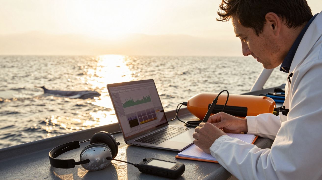 Wetenschapper werkt met laptop en apparatuur op boot bij zonsondergang, met dolfijn in zee op achtergrond.