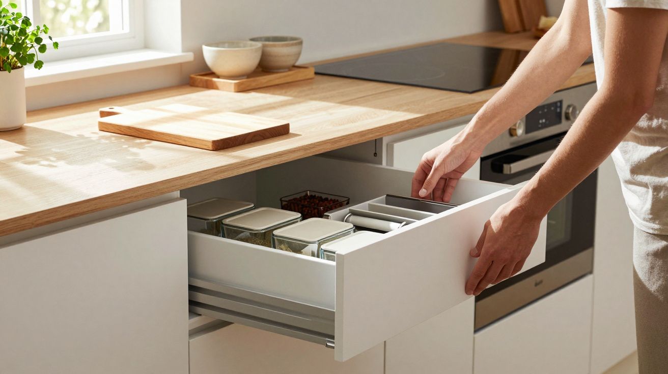 Persoon opent lade in een moderne keuken met kruidenpotjes, houten werkblad, inductiekookplaat en ramen voor natuurlijk licht