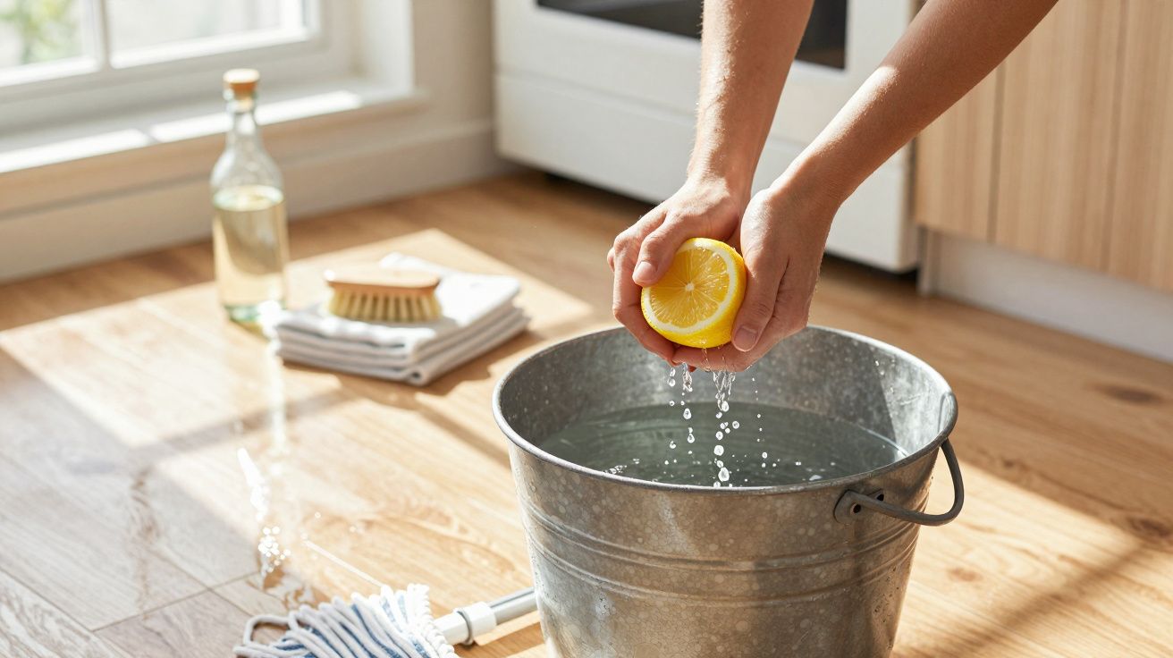 Handen persen citroen uit boven zinken emmer met water, op houten vloer naast schoonmaakmiddelen.