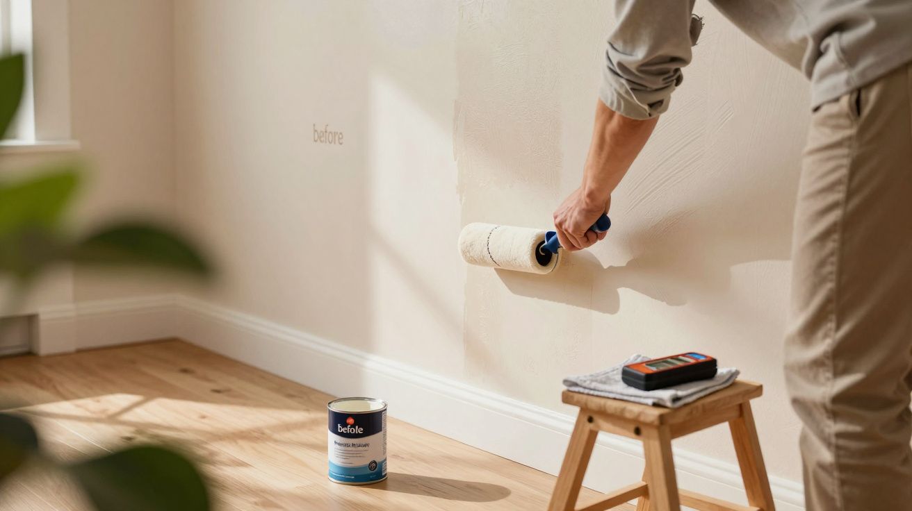 Persoon schildert een witte muur met een verfroller; verfblik en gereedschap op krukje op houten vloer.