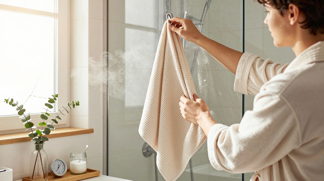 Persoon in badjas hangt handdoek op in stoomrijke badkamer naast raam met plant en wekker op plank.