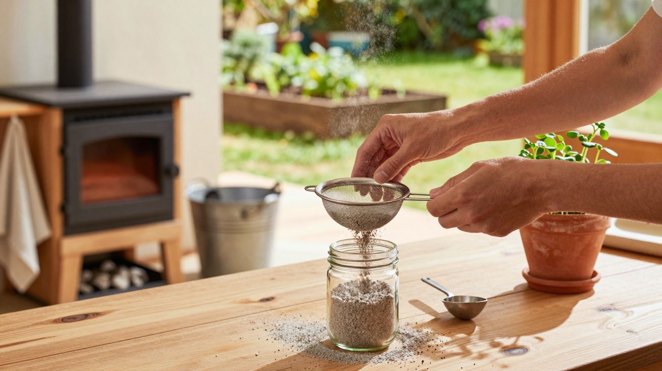 Hand zeeft droge stof in pot, houten tafel, kachel op achtergrond.