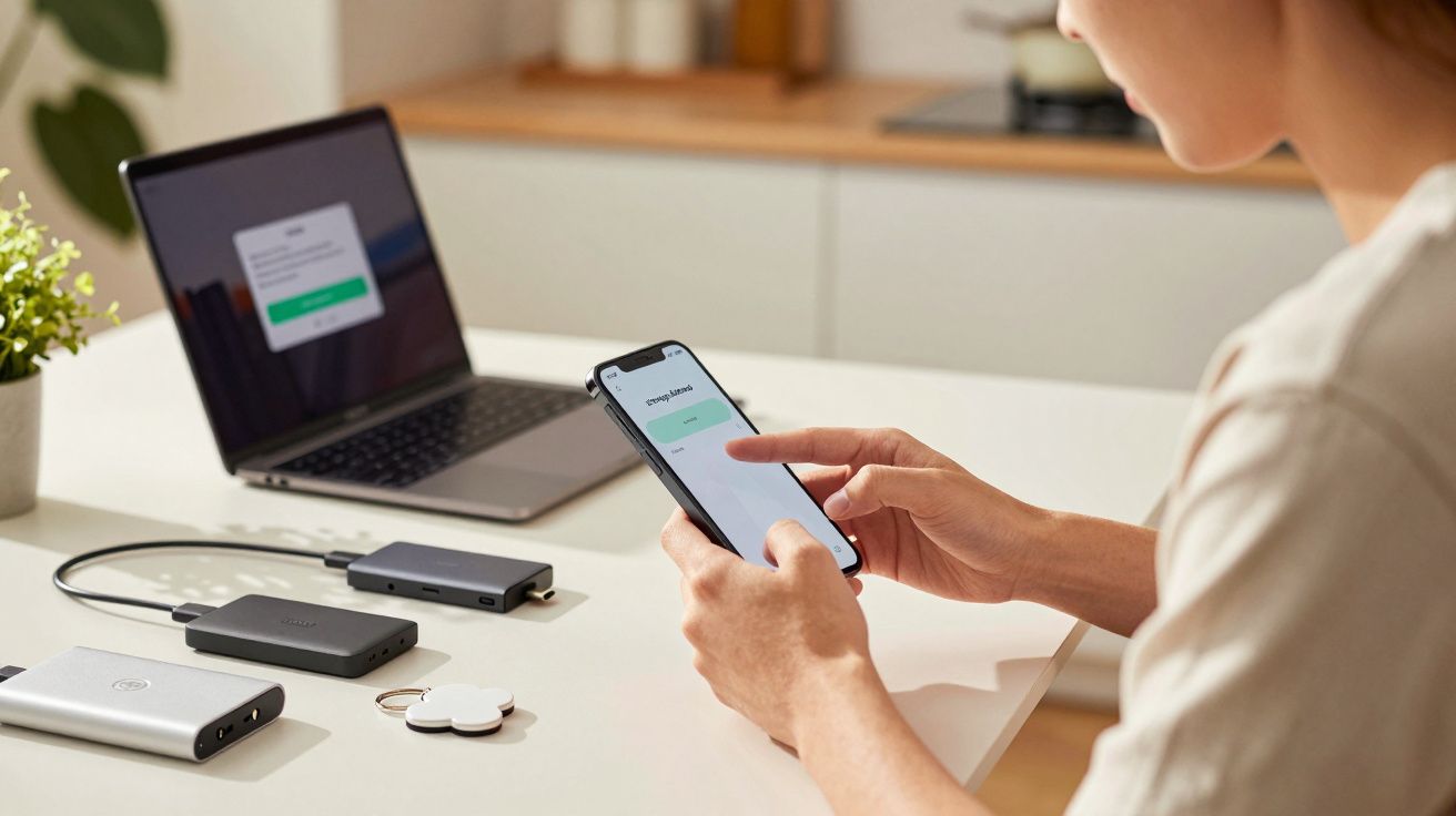 Persoon gebruikt smartphone bij laptop op bureau met kabels en adapters, invoerveld zichtbaar op beide schermen.