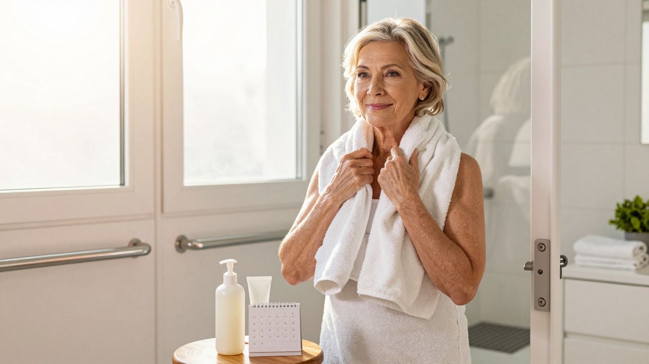Oudere vrouw met handdoek om de nek in een badkamer naast verzorgingsproducten op een tafel.