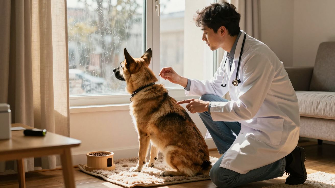 Dierenarts onderzoekt een Duitse herder die voor een raam op een tapijt zit. Er staat een voerbak naast de hond.