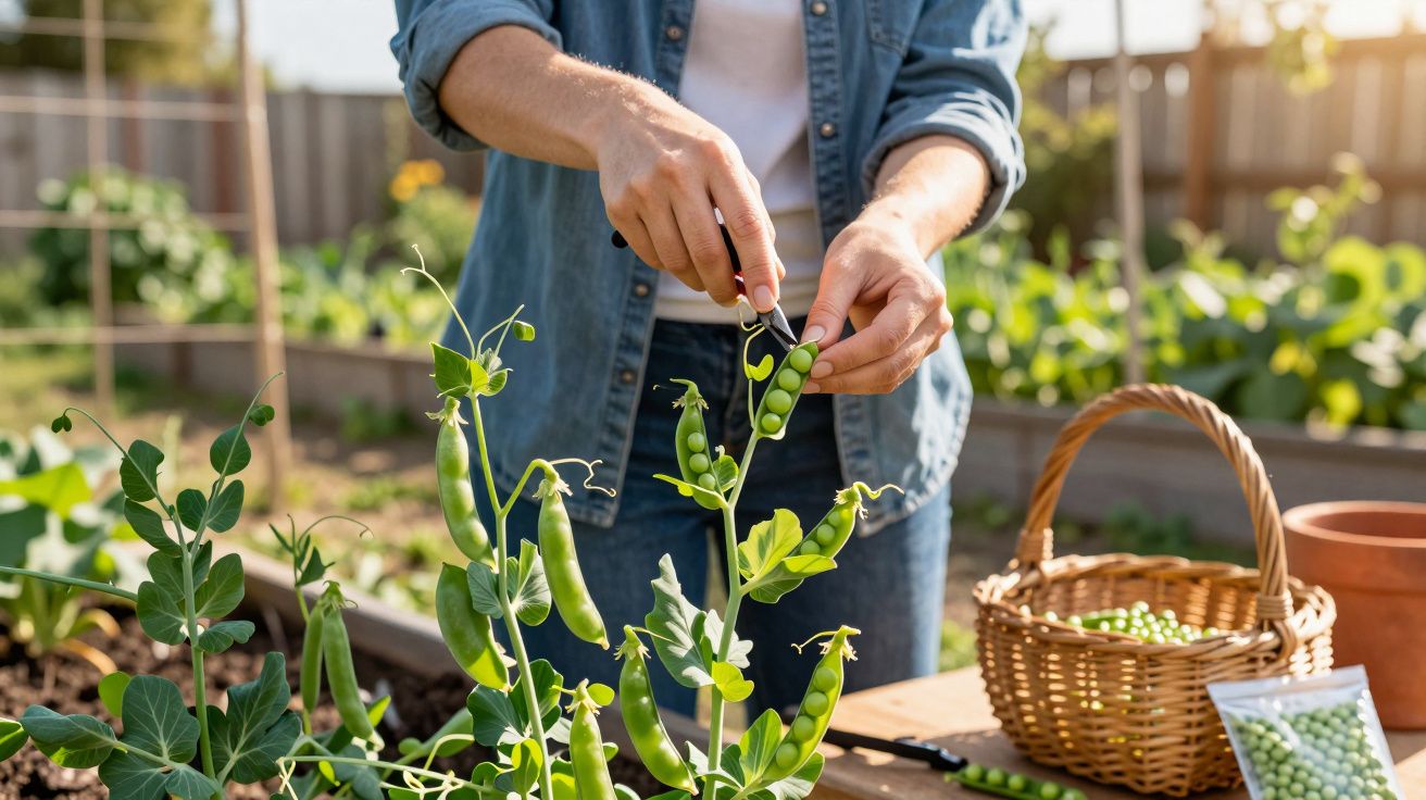 Persoon plukt erwten in een tuin, draagt een denim shirt. Er is een mand en een zakje zaden op de tafel.