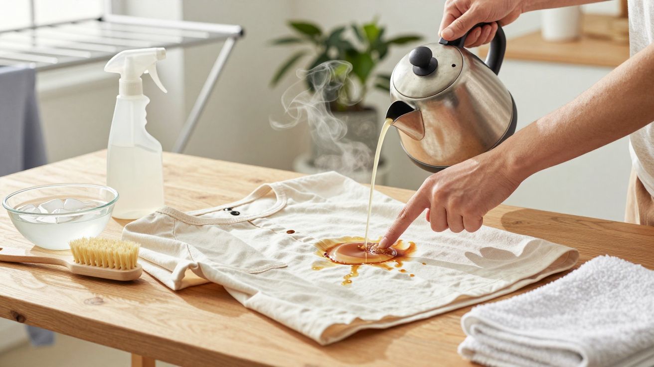 Persoon giet heet water uit een ketel op een bevlekt wit T-shirt op een houten tafel, met schoonmaakmiddelen erbij.