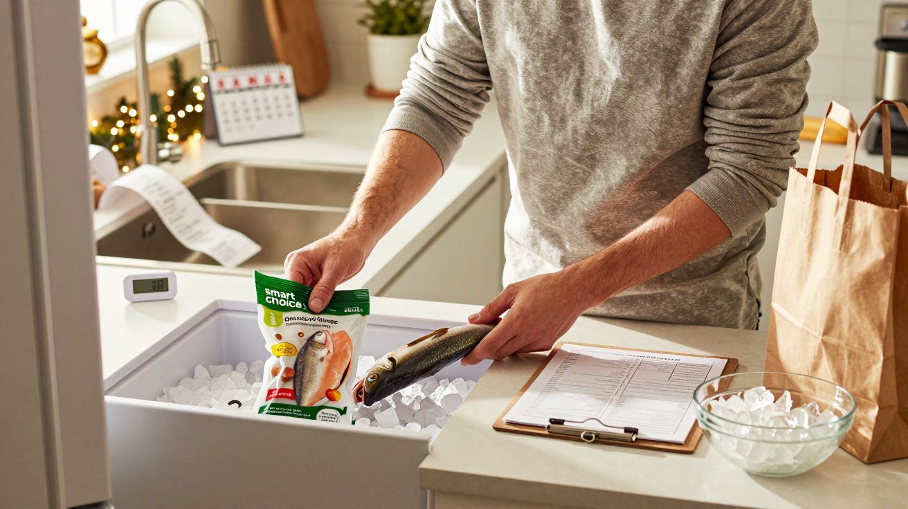 Man legt vers gevangen vis en verpakte vis in de vriezer naast lijstje en papieren zak, keuken op achtergrond.